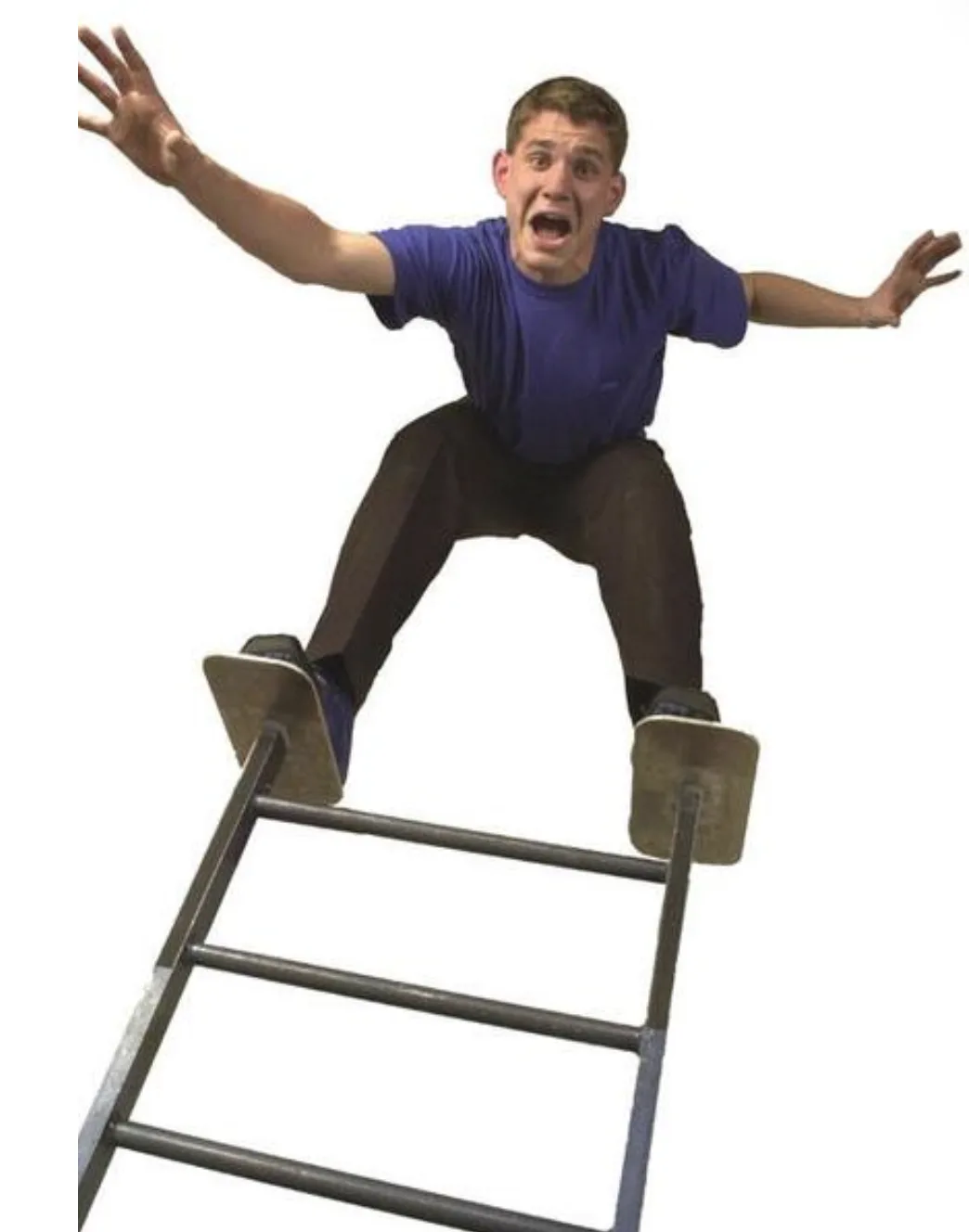 Jacob Abernethy posing with arms outstretched while balancing on two platforms atop a ladder-like apparatus